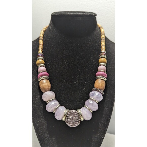 Boho Bold Shades of Lavender Brown Beaded Necklace - Picture 4 of 11
